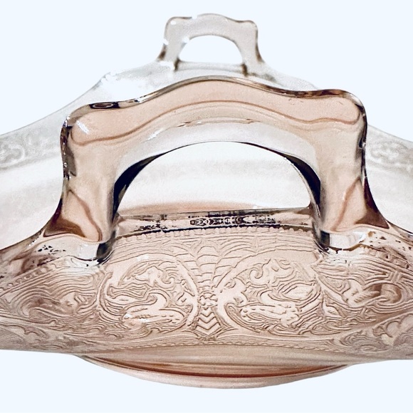 Vintage Pink Depression Glass Folded Edge Etched Platter/Bowl with handles - Picture 13 of 15
